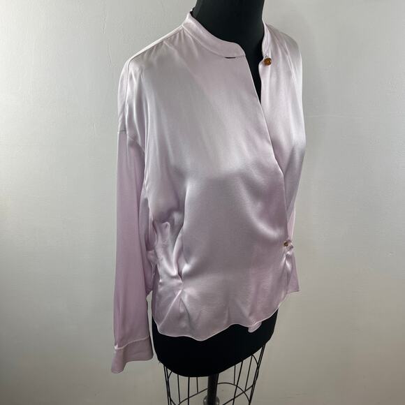 VINCE Satin Wrap Blouse Top Pink Mandarin Collar Long Sleeve Button Cuffs Size ? - Picture 6 of 9